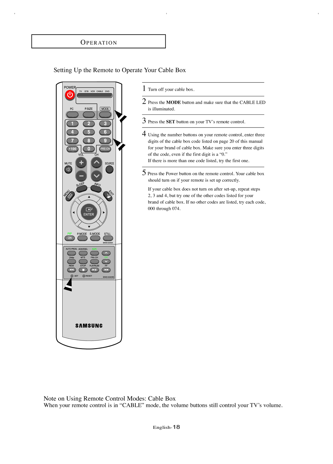 Samsung LT-P266W manual Setting Up the Remote to Operate Your Cable Box 