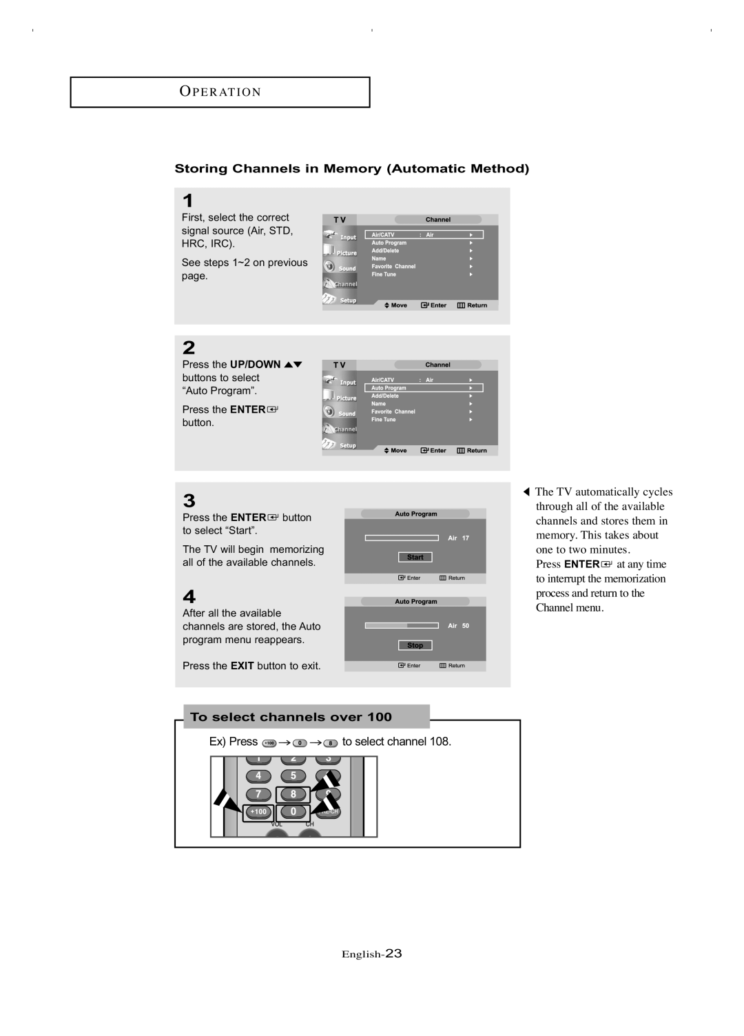 Samsung LT-P266W manual Storing Channels in Memory Automatic Method, To select channels over 