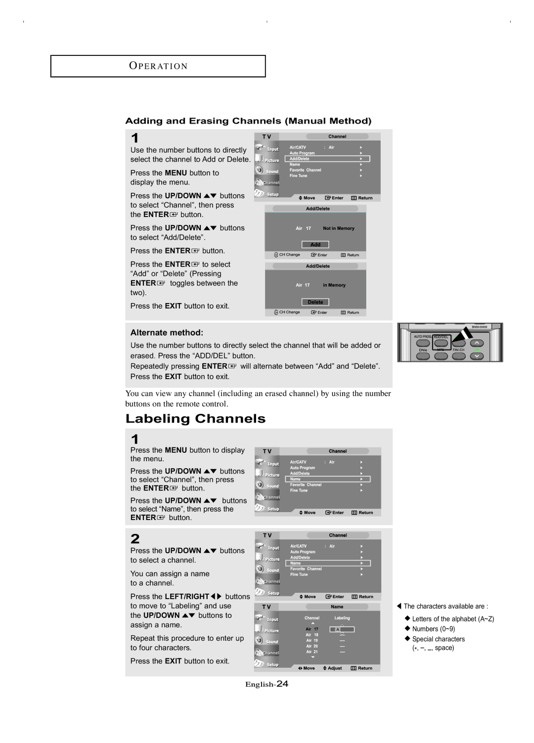 Samsung LT-P266W manual Labeling Channels, Adding and Erasing Channels Manual Method, Alternate method 