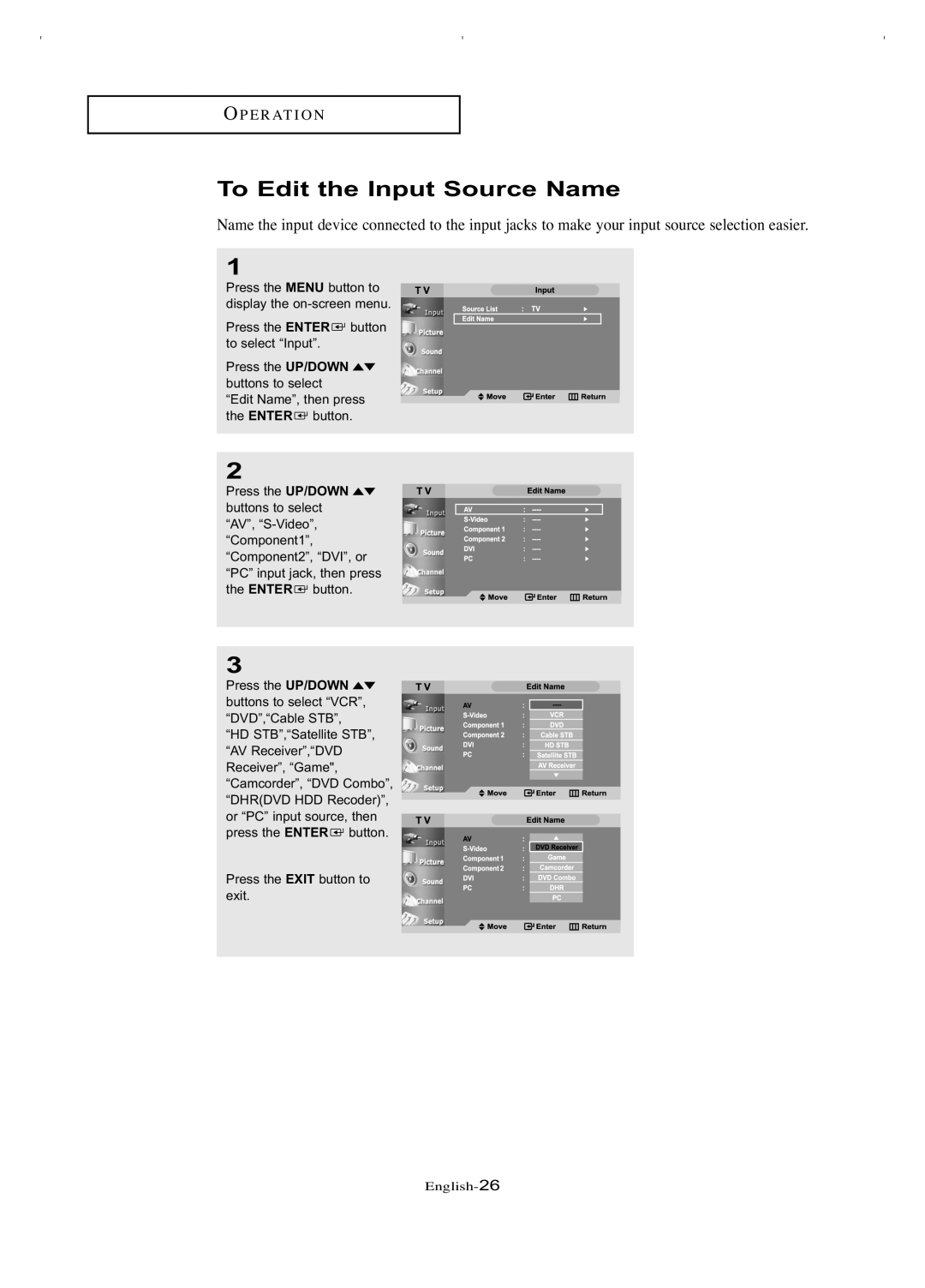 Samsung LT-P266W manual To Edit the Input Source Name 