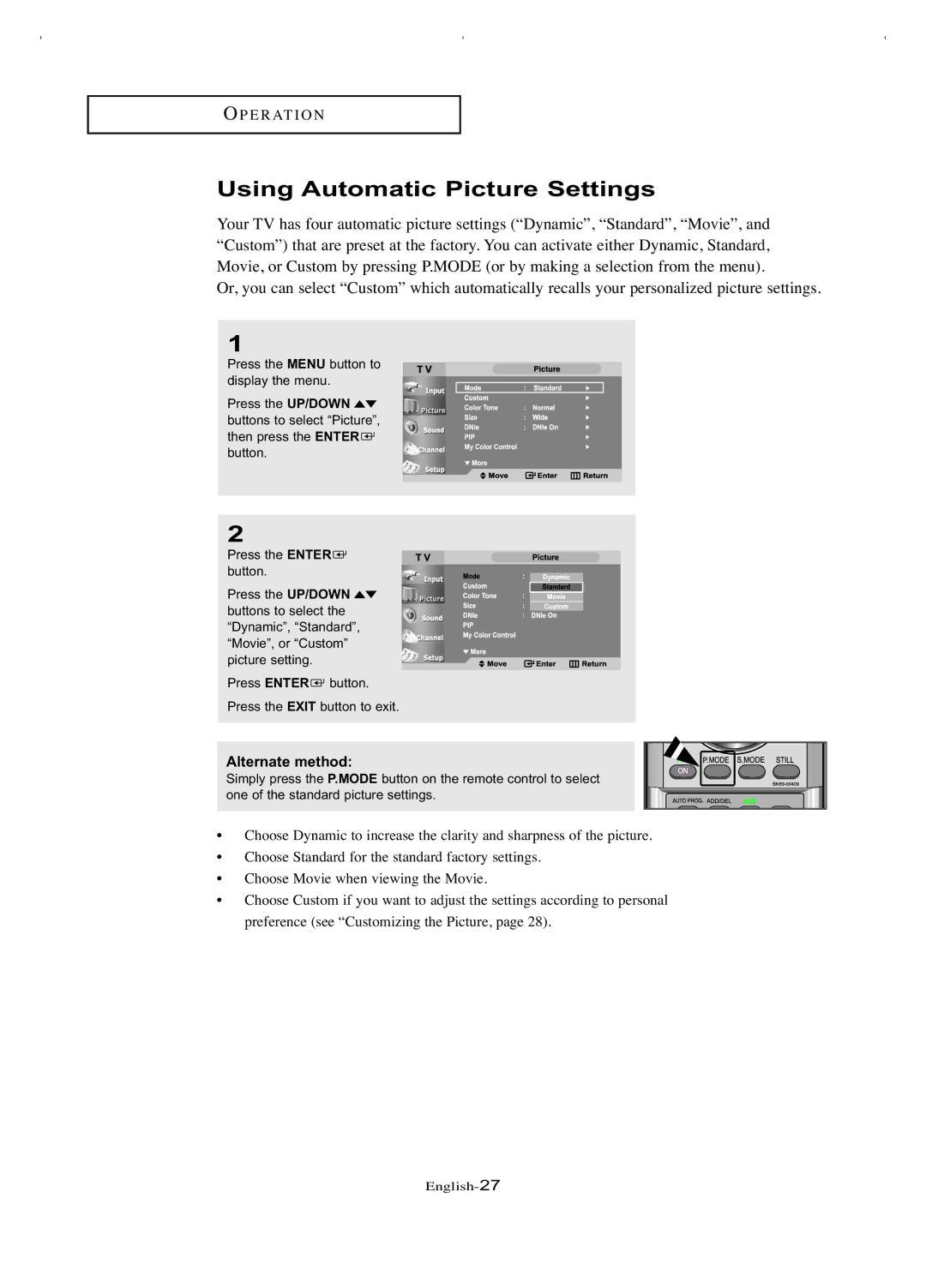 Samsung LT-P266W manual Using Automatic Picture Settings, Alternate method 