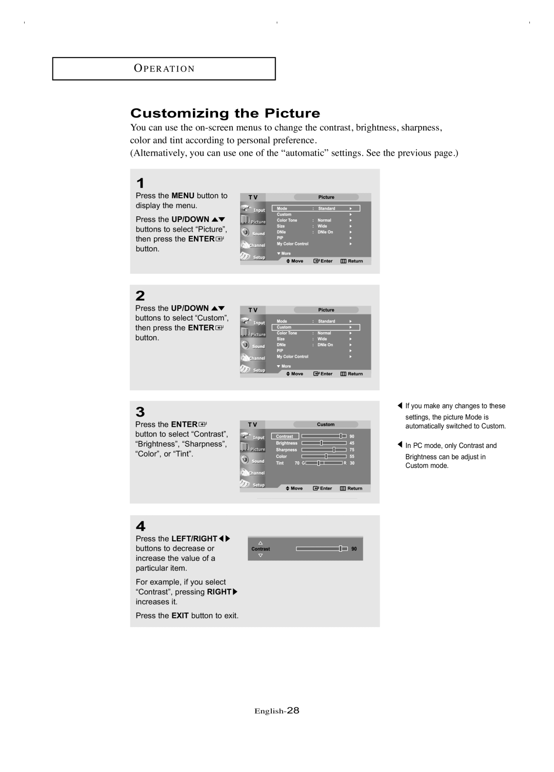 Samsung LT-P266W manual Customizing the Picture 