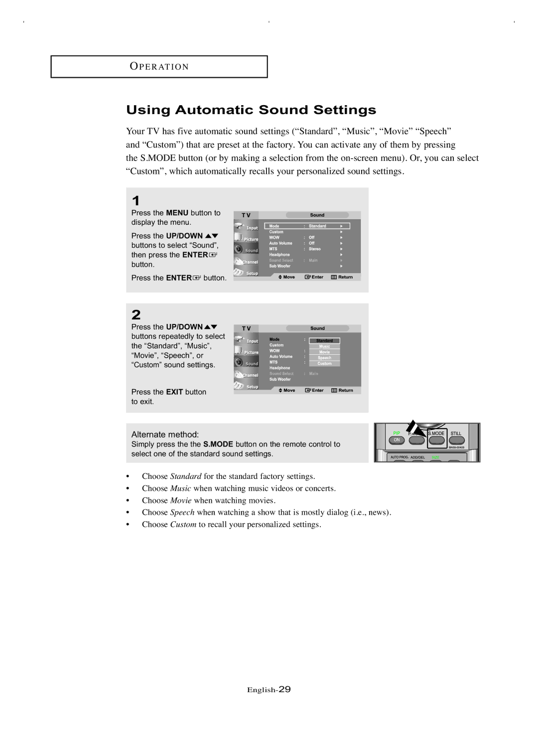 Samsung LT-P266W manual Using Automatic Sound Settings, Alternate method 