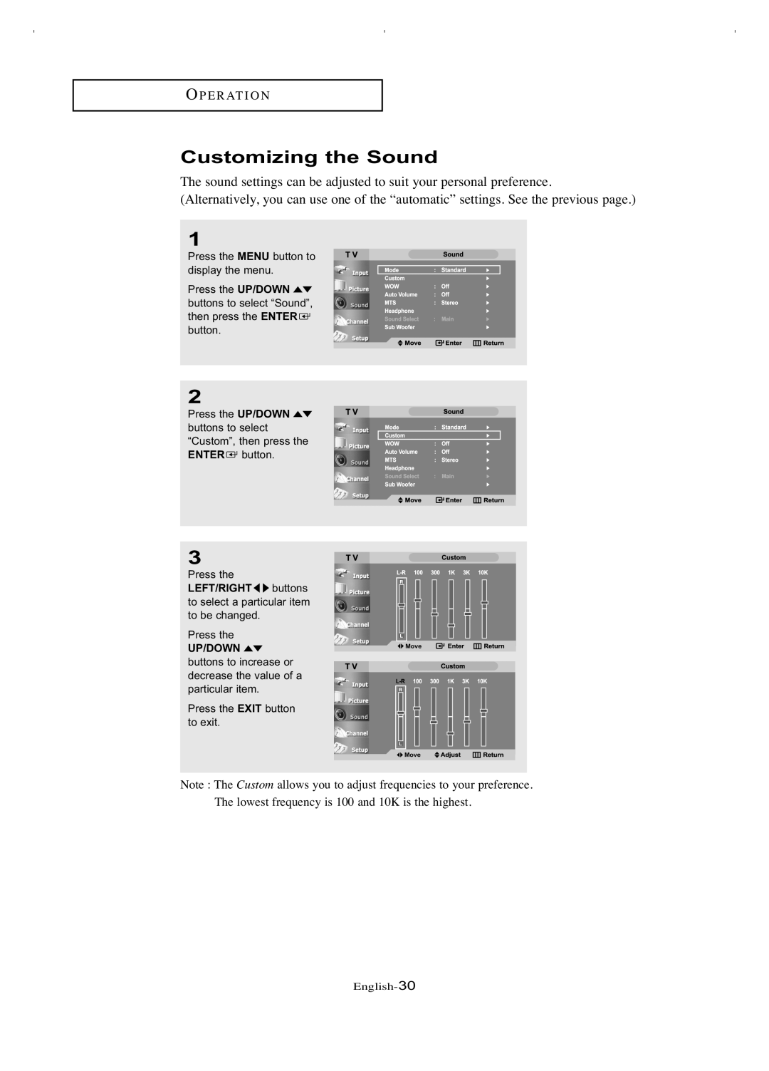 Samsung LT-P266W manual Customizing the Sound, Up/Down 