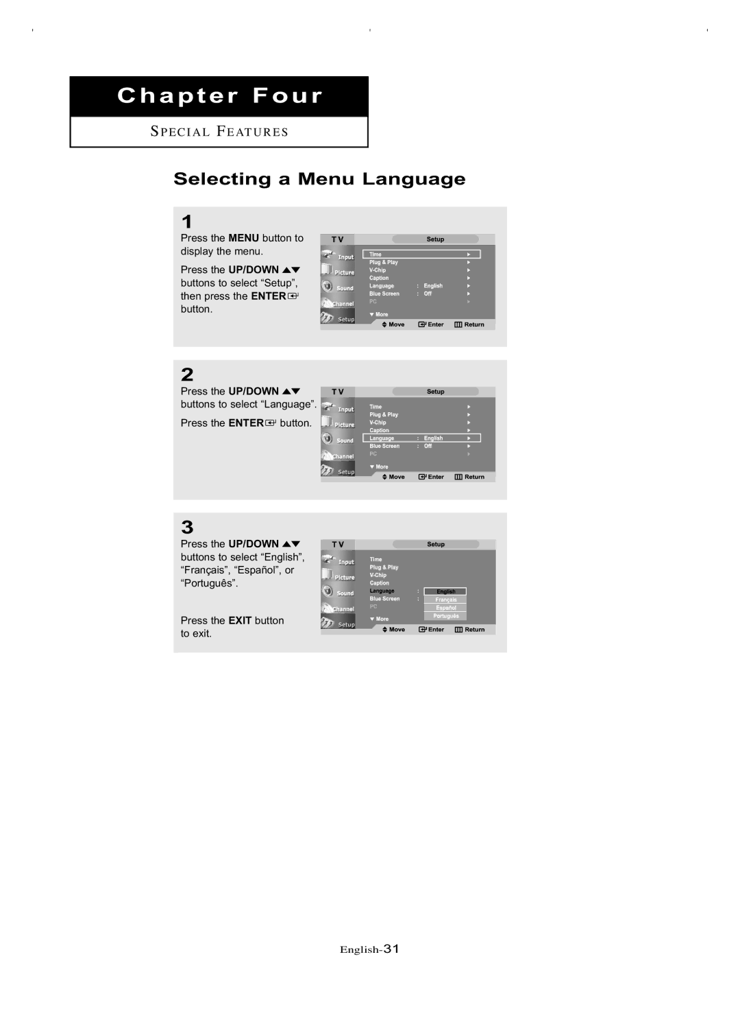 Samsung LT-P266W manual Chapter Four, Selecting a Menu Language 