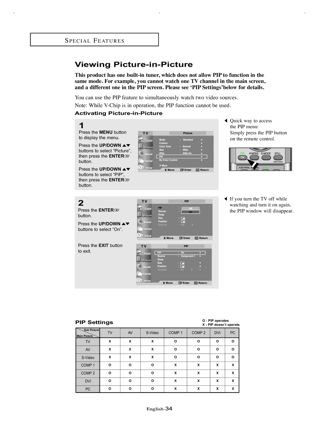 Samsung LT-P266W manual Viewing Picture-in-Picture, Activating Picture-in-Picture, PIP Settings 