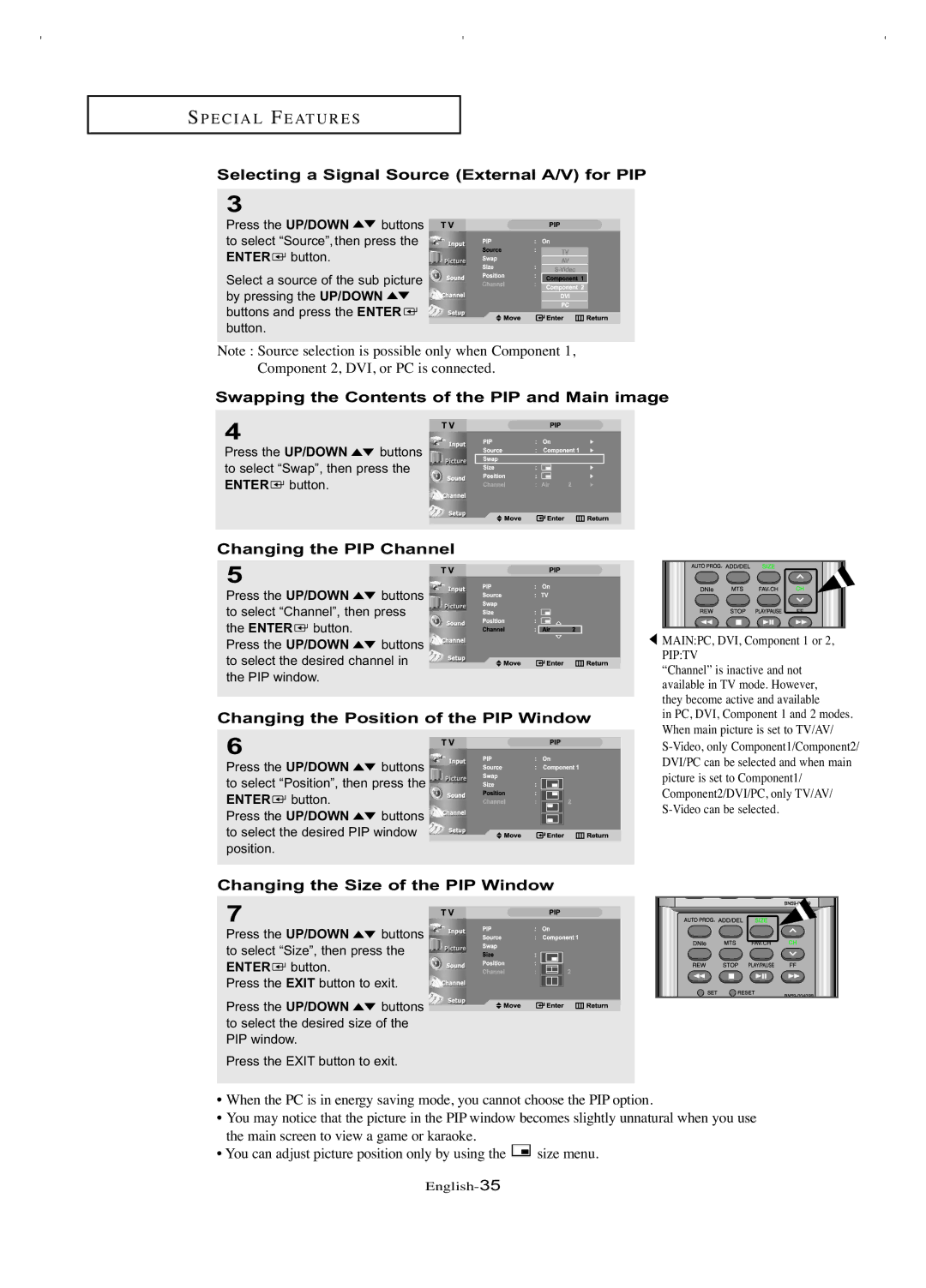 Samsung LT-P266W manual Selecting a Signal Source External A/V for PIP, Swapping the Contents of the PIP and Main image 