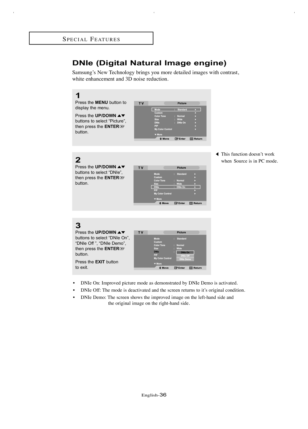 Samsung LT-P266W manual DNIe Digital Natural Image engine, When Source is in PC mode 