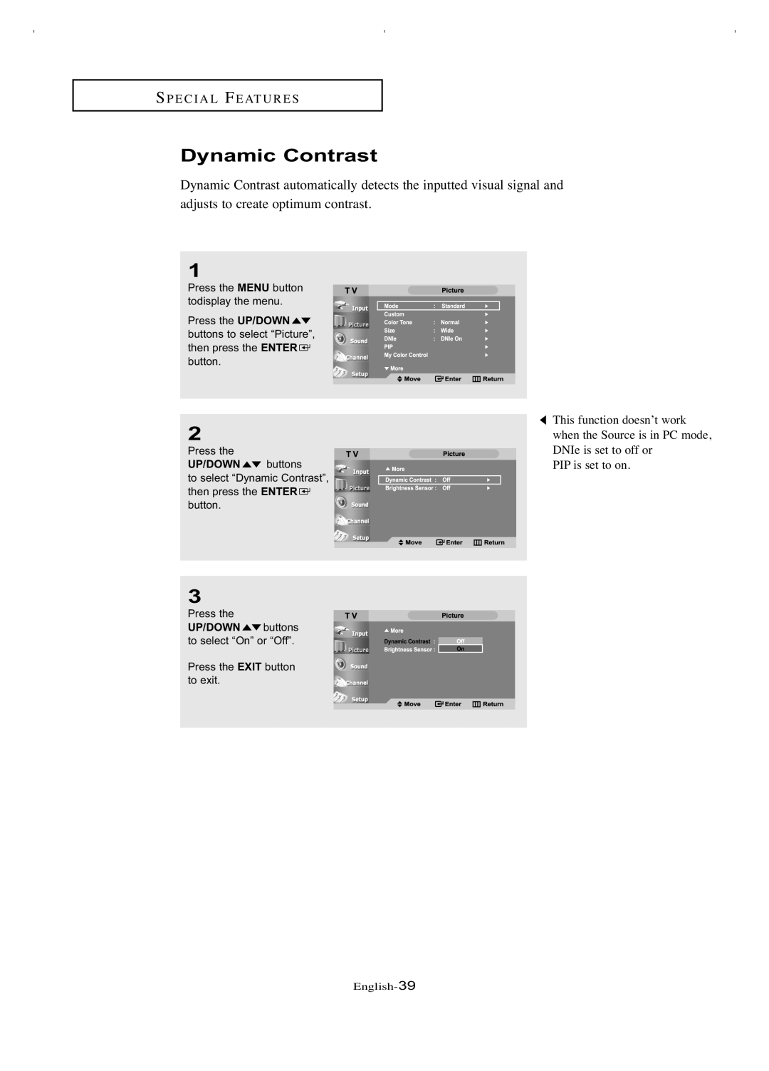 Samsung LT-P266W manual Dynamic Contrast, UP/DOWN buttons 