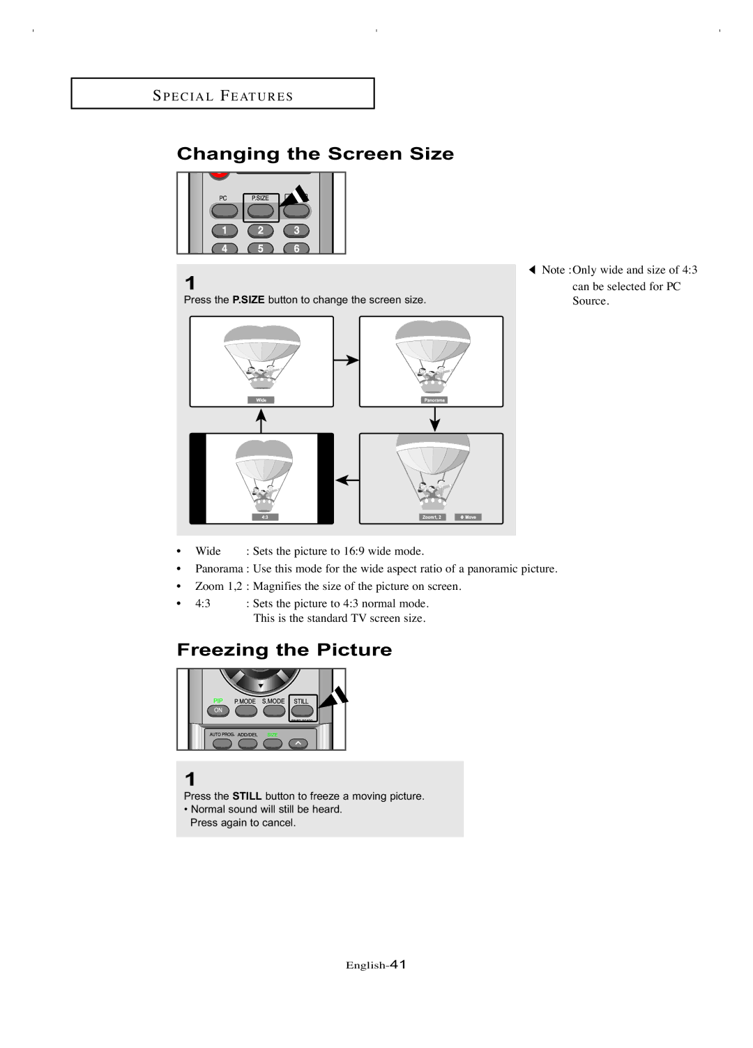 Samsung LT-P266W manual Changing the Screen Size, Freezing the Picture 