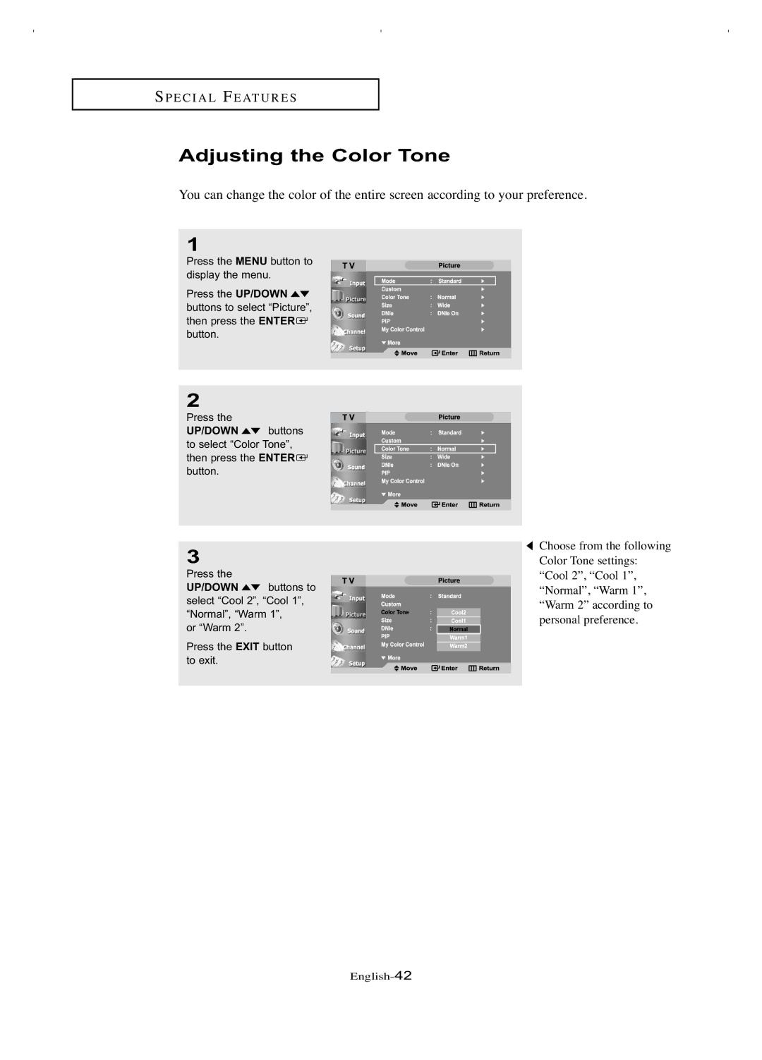 Samsung LT-P266W manual Adjusting the Color Tone 