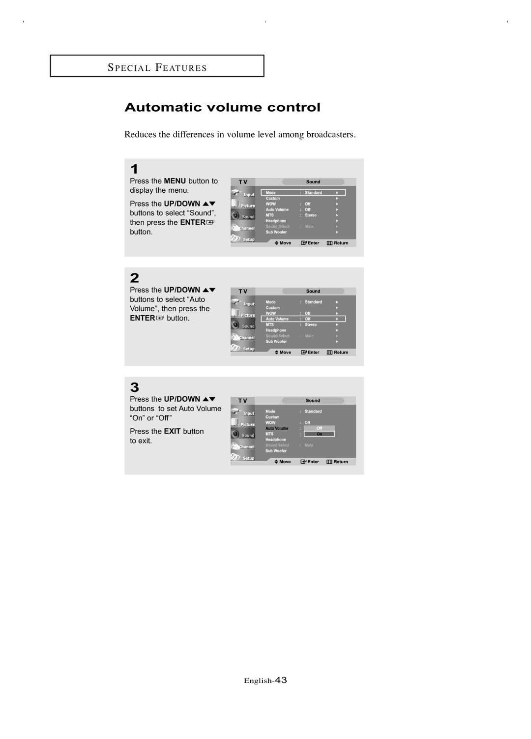 Samsung LT-P266W manual Automatic volume control, Reduces the differences in volume level among broadcasters 