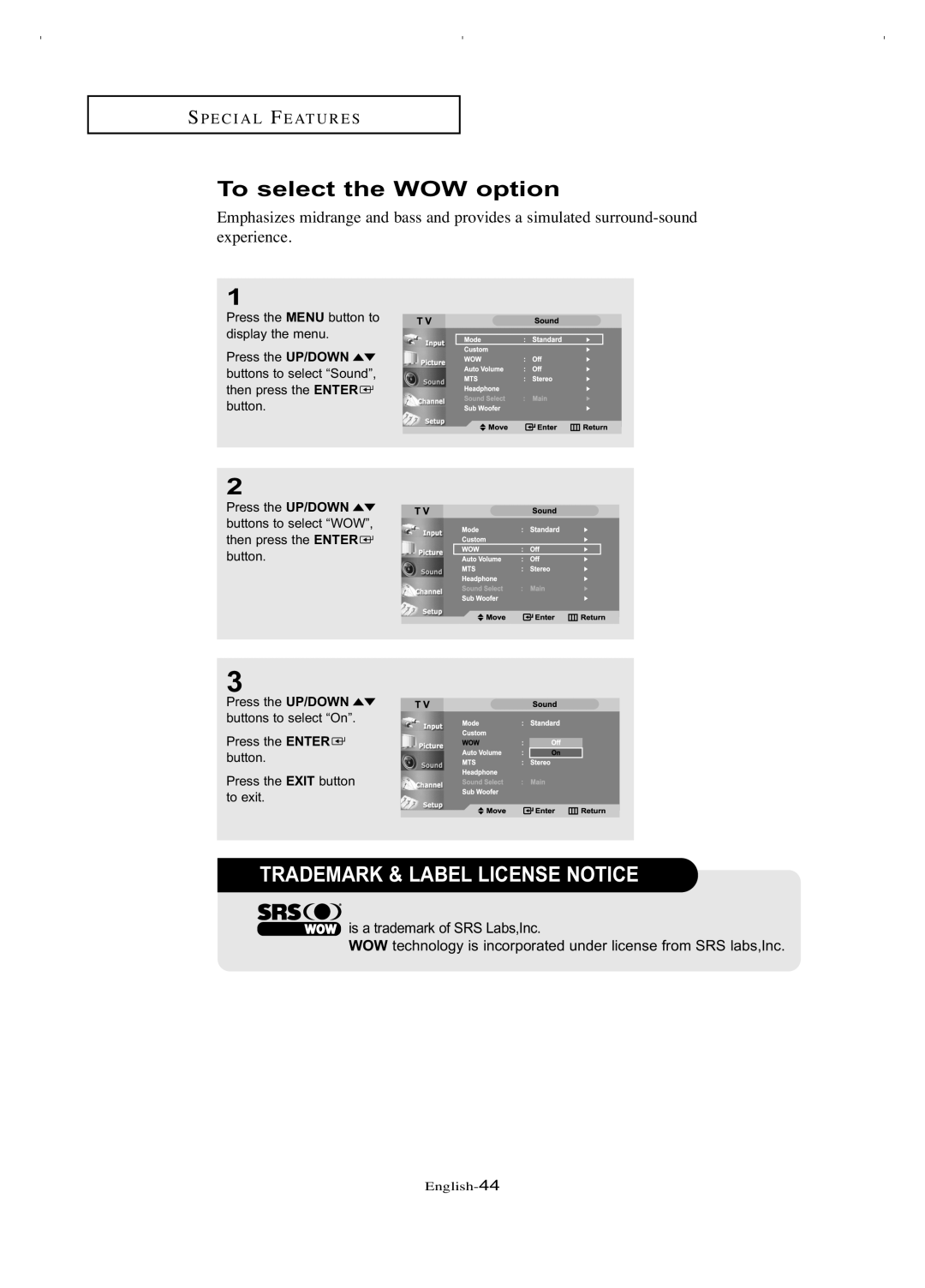 Samsung LT-P266W manual To select the WOW option, Trademark & Label License Notice 