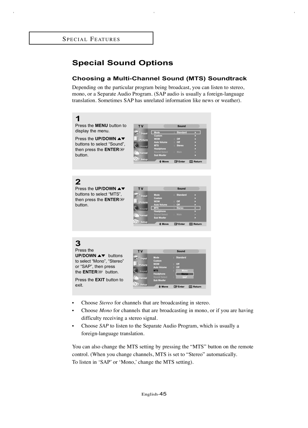 Samsung LT-P266W manual Special Sound Options, Choosing a Multi-Channel Sound MTS Soundtrack 