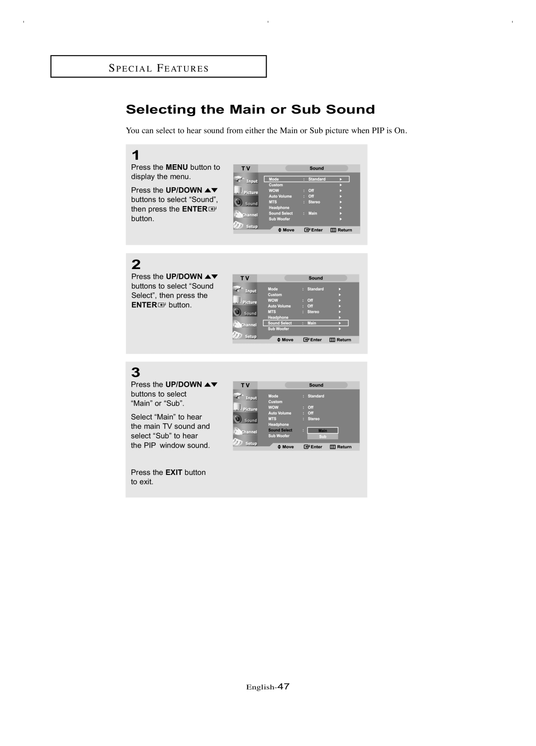 Samsung LT-P266W manual Selecting the Main or Sub Sound 