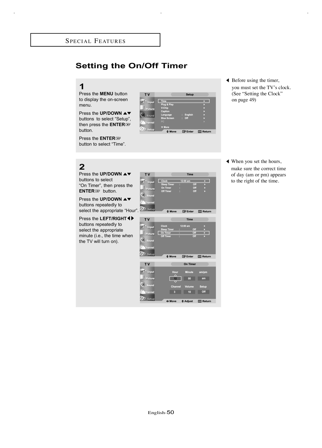 Samsung LT-P266W manual Setting the On/Off Timer 