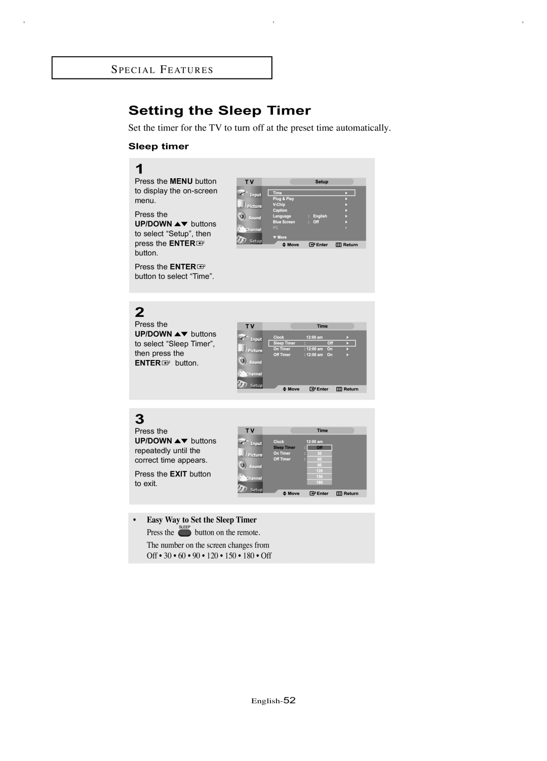 Samsung LT-P266W manual Setting the Sleep Timer, Sleep timer 