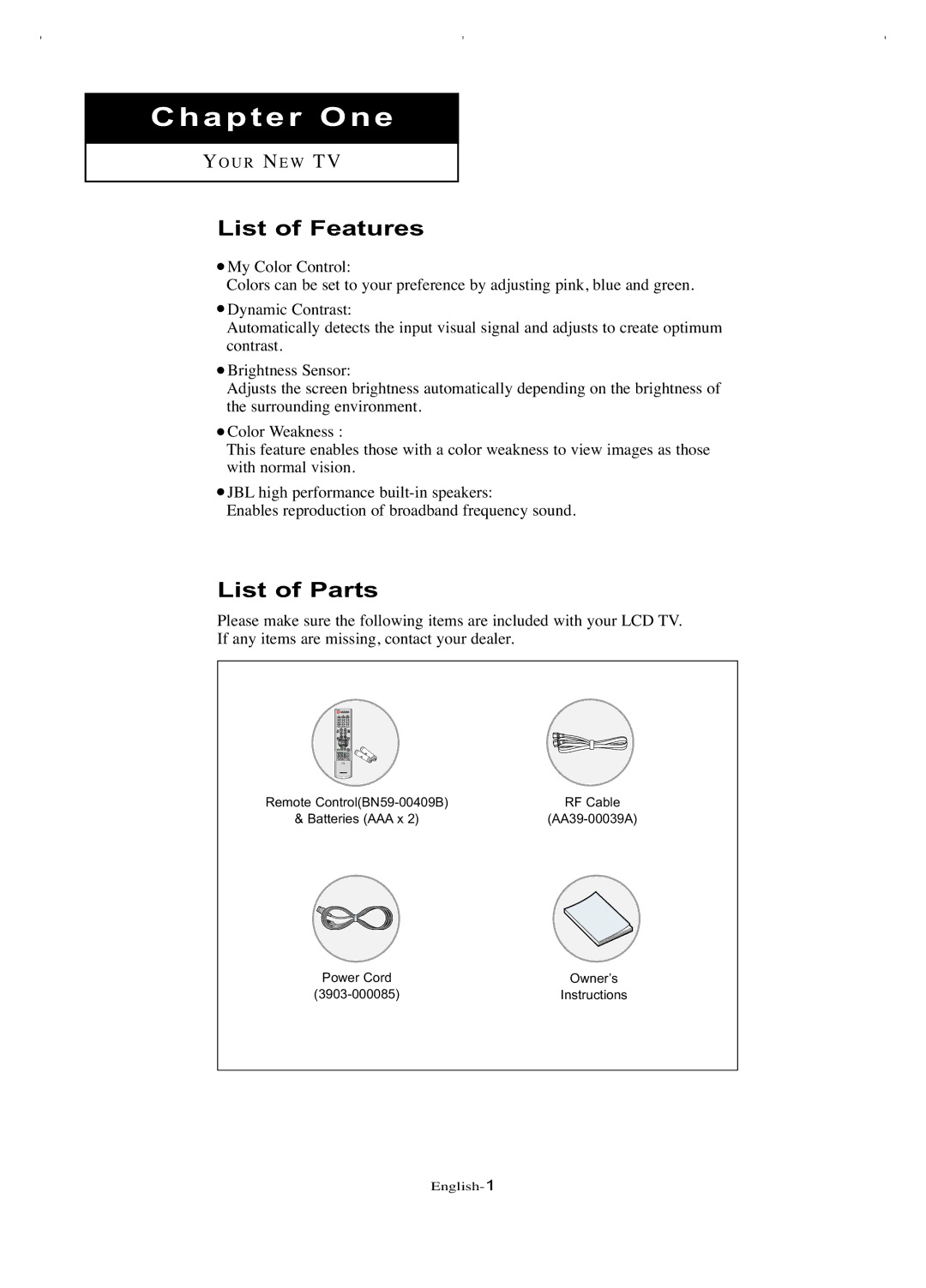 Samsung LT-P266W manual List of Features, List of Parts 