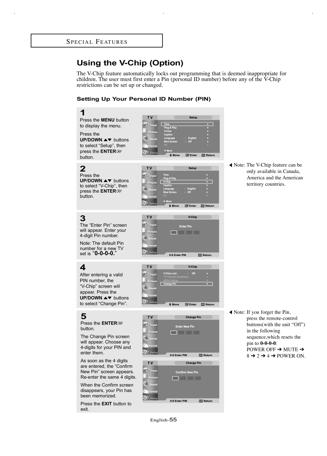 Samsung LT-P266W manual Using the V-Chip Option, Setting Up Your Personal ID Number PIN 