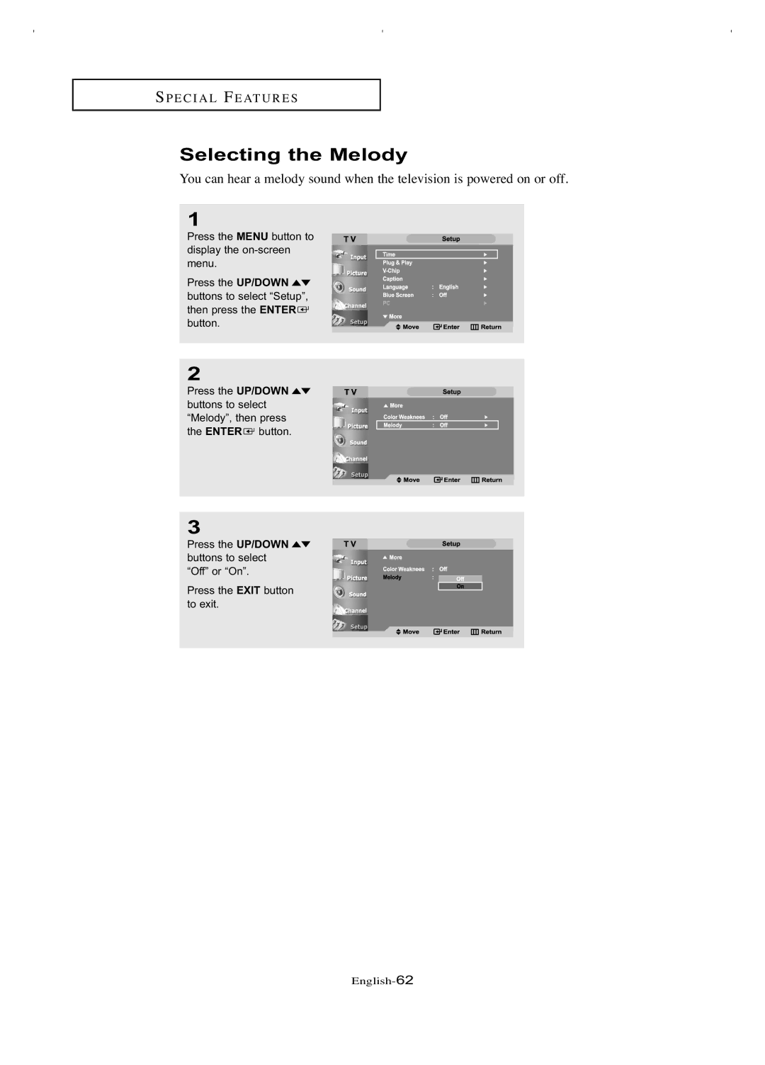 Samsung LT-P266W manual Selecting the Melody 