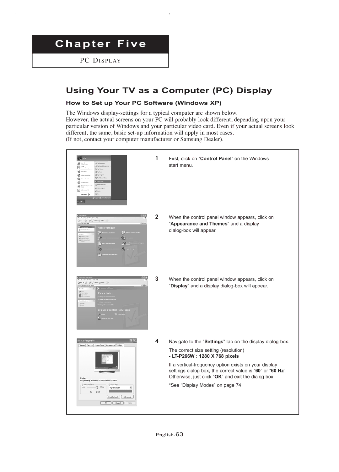 Samsung LT-P266W manual Using Your TV as a Computer PC Display, How to Set up Your PC Software Windows XP 