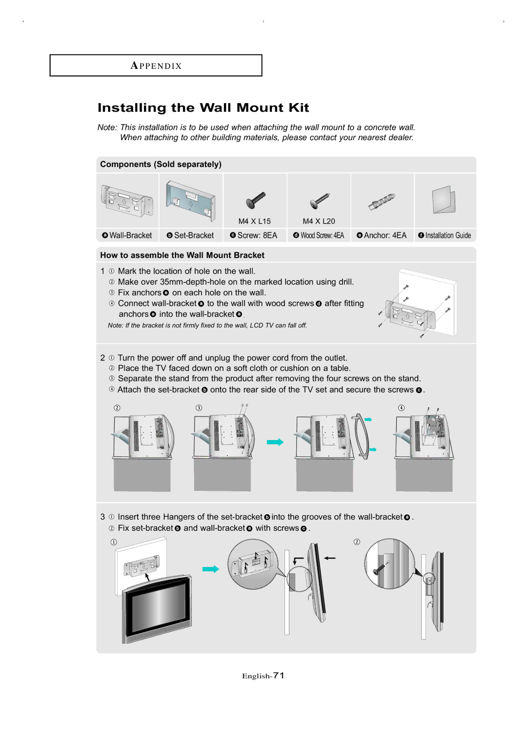 Samsung LT-P266W manual Installing the Wall Mount Kit, Components Sold separately, How to assemble the Wall Mount Bracket 