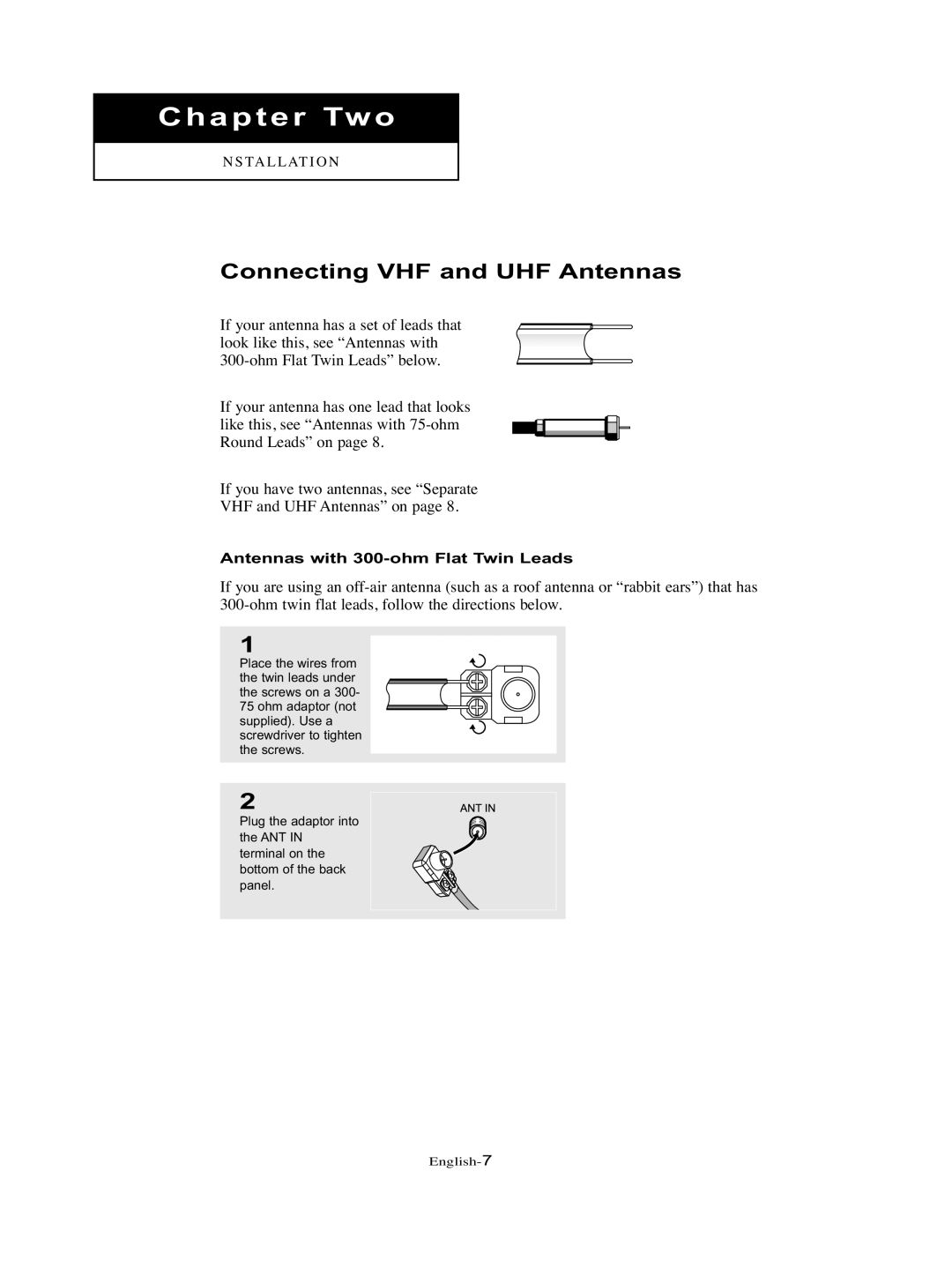 Samsung LT-P326W manual Connecting VHF and UHF Antennas, Antennas with 300-ohm Flat Twin Leads 