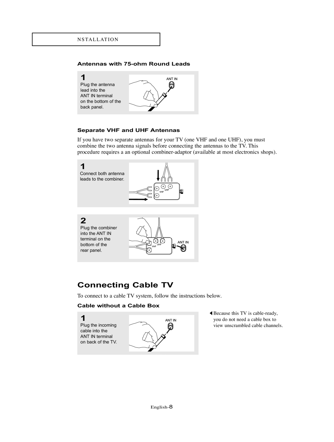 Samsung LT-P326W manual Connecting Cable TV, Antennas with 75-ohm Round Leads, Separate VHF and UHF Antennas 