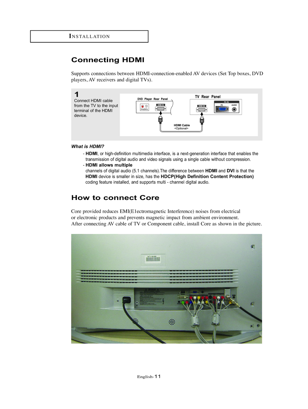 Samsung LT-P326W manual Connecting Hdmi, How to connect Core, Hdmi allows multiple 