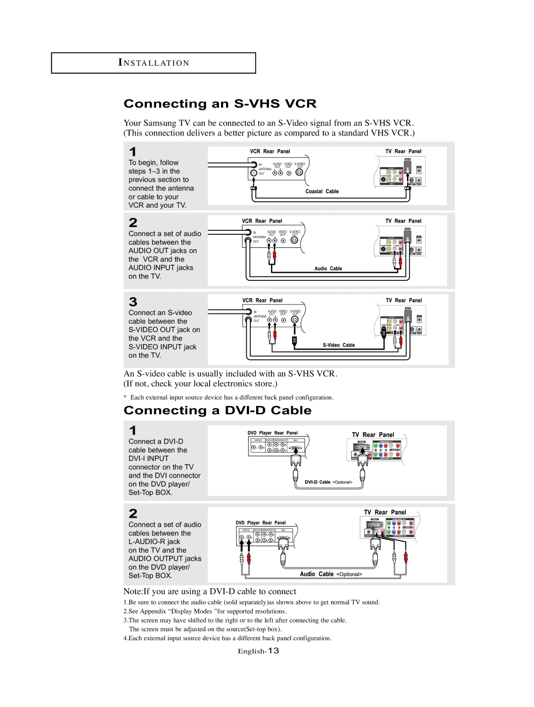 Samsung LT-P326W manual Connecting an S-VHS VCR, Connecting a DVI-D Cable 