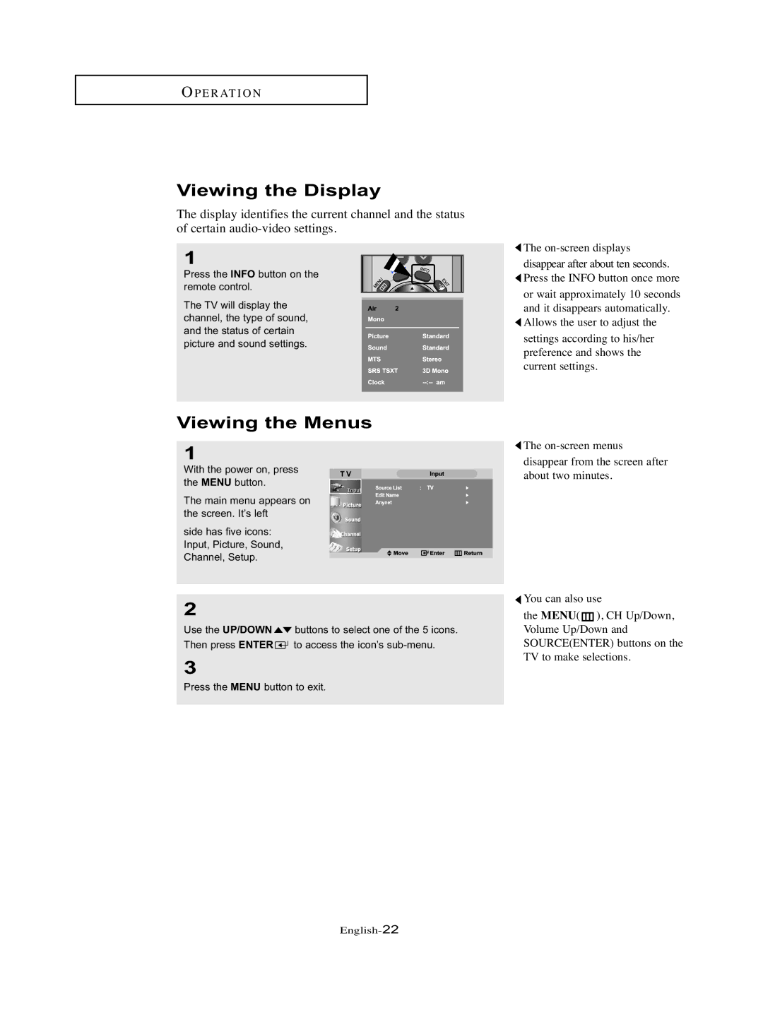 Samsung LT-P326W manual Viewing the Display, Viewing the Menus 