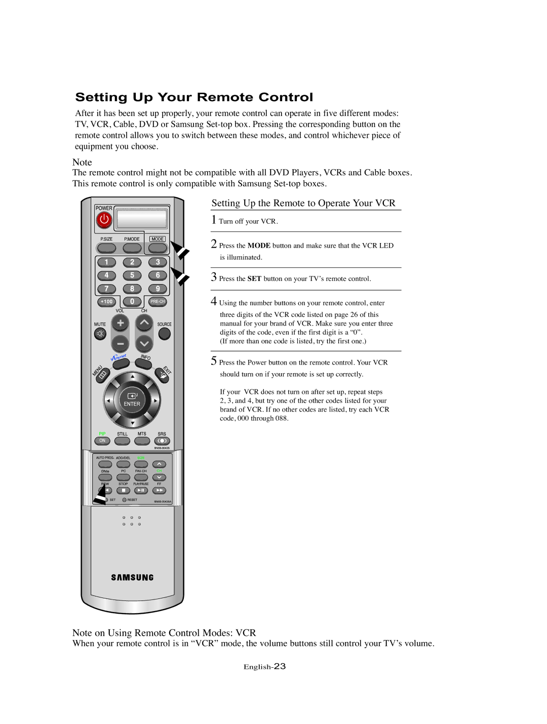 Samsung LT-P326W manual Setting Up Your Remote Control, Setting Up the Remote to Operate Your VCR 