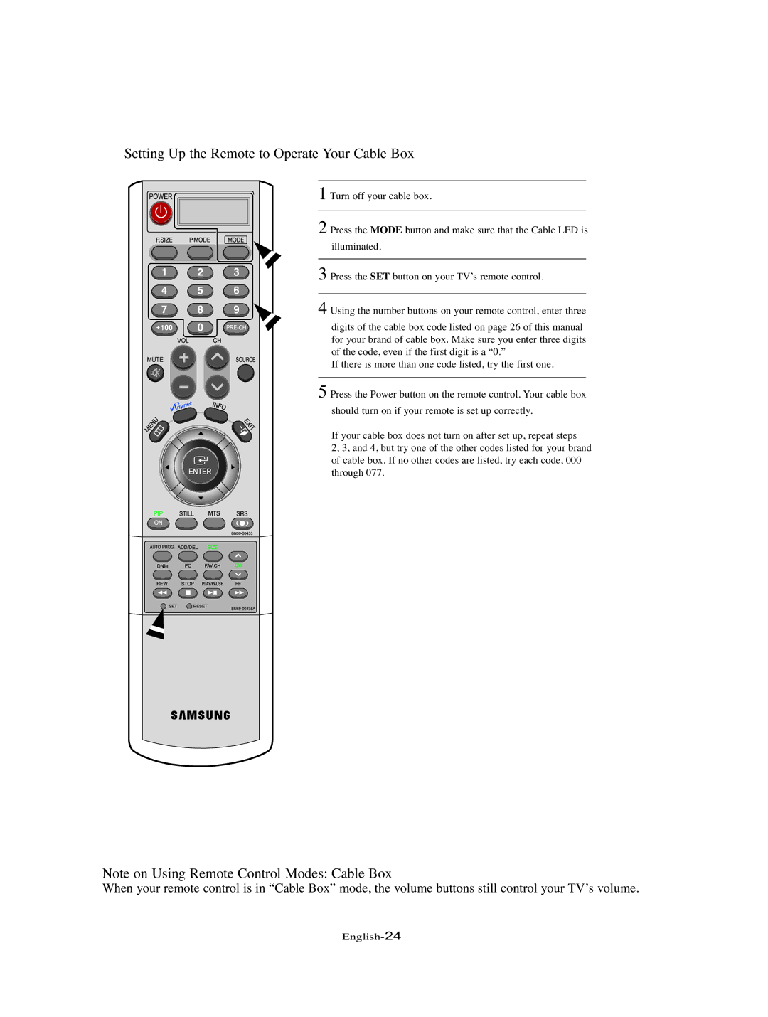 Samsung LT-P326W manual Setting Up the Remote to Operate Your Cable Box 