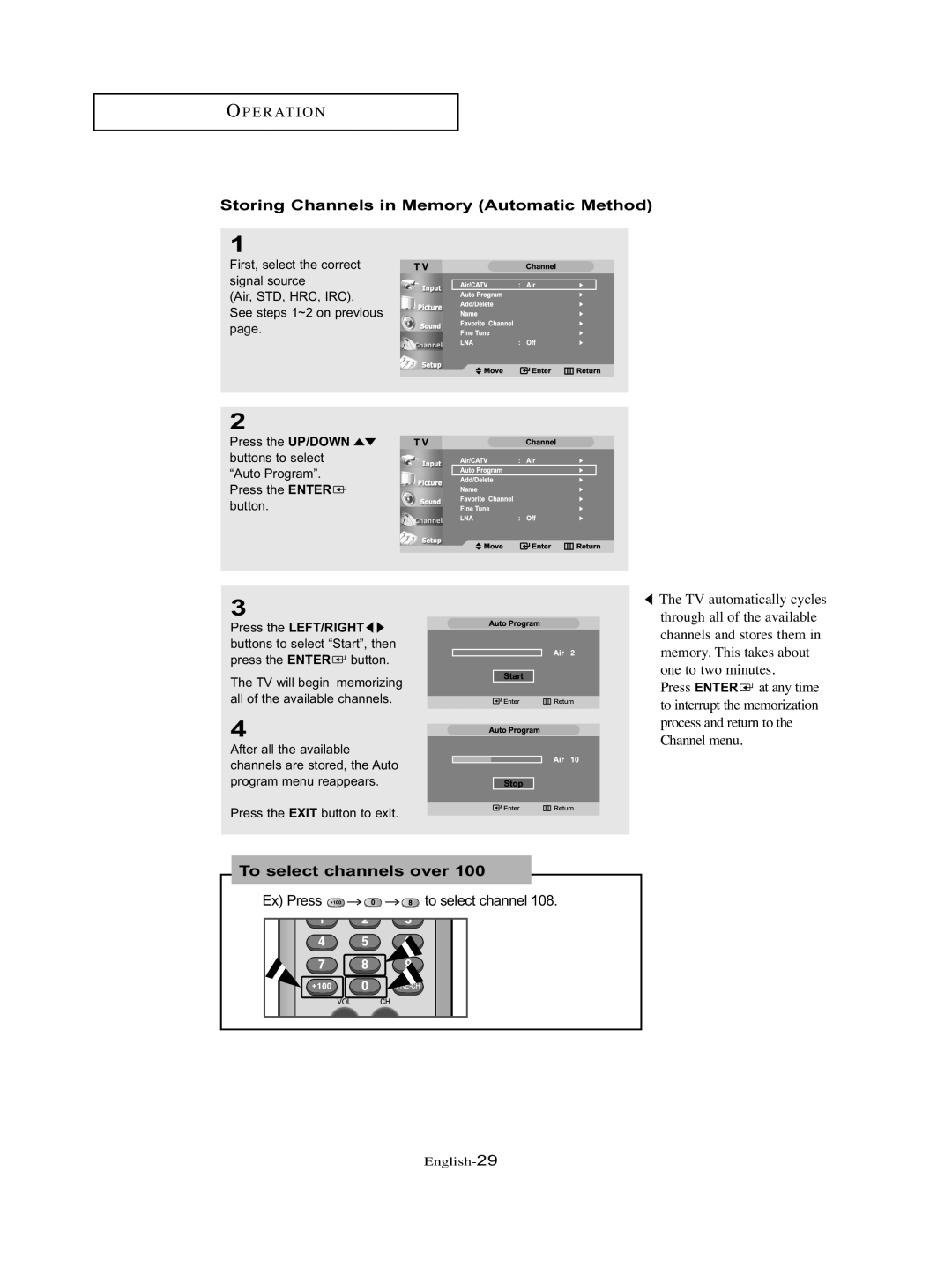 Samsung LT-P326W manual Storing Channels in Memory Automatic Method, To select channels over 