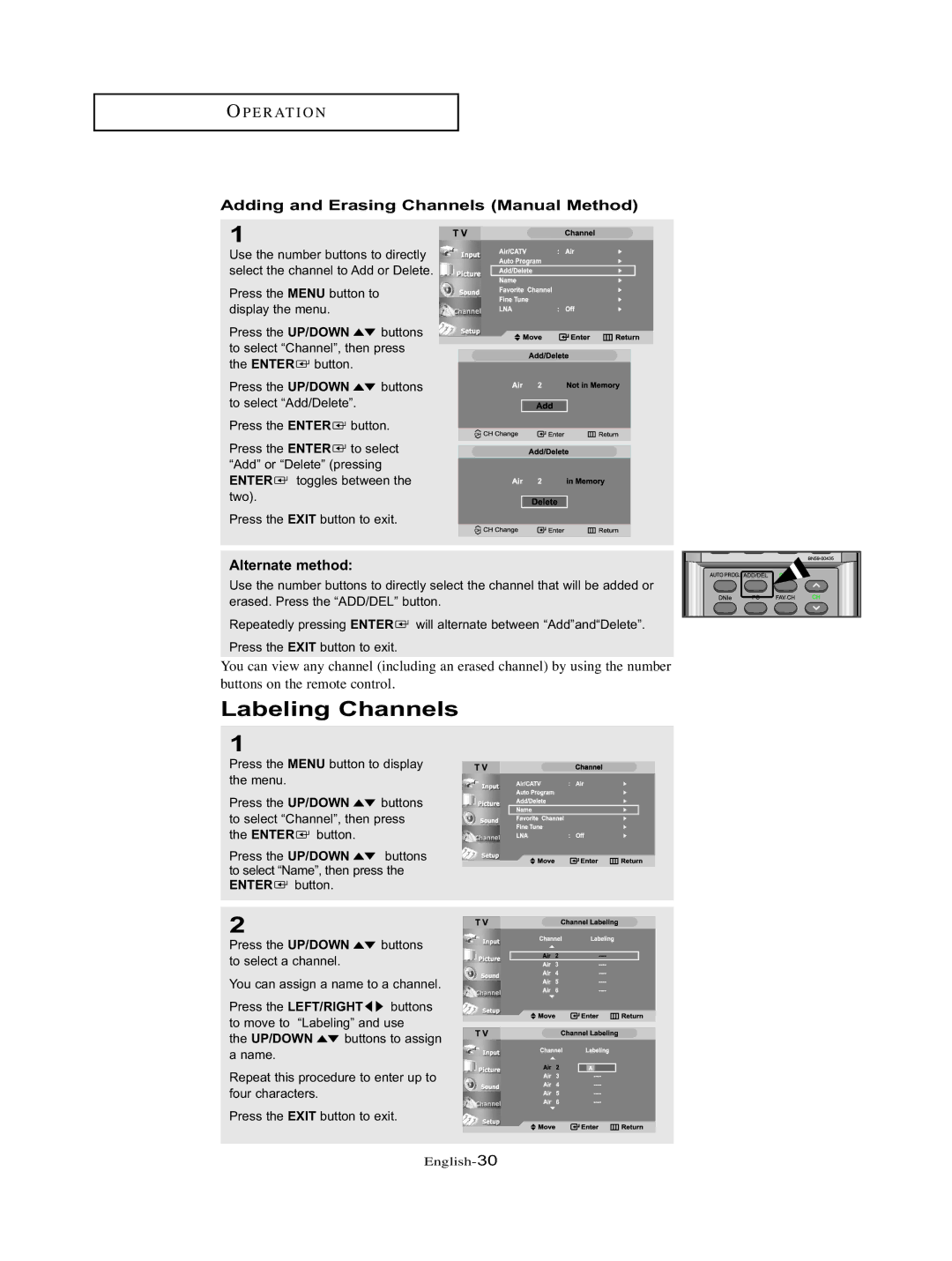 Samsung LT-P326W manual Labeling Channels, Adding and Erasing Channels Manual Method, Alternate method 