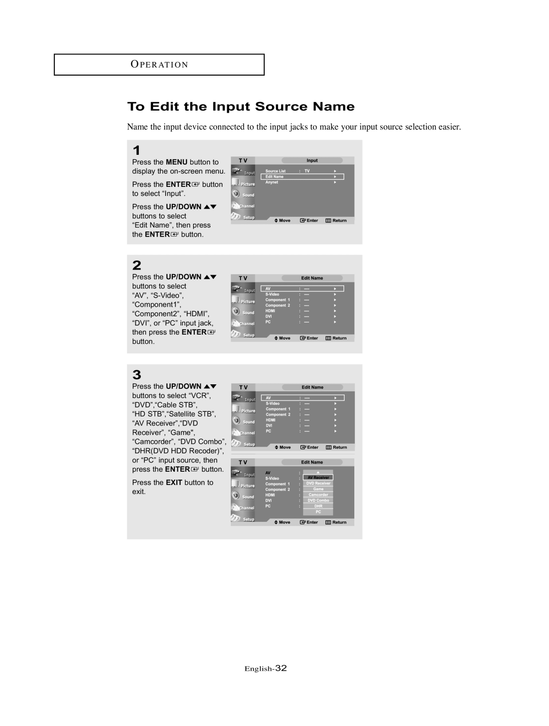 Samsung LT-P326W manual To Edit the Input Source Name 