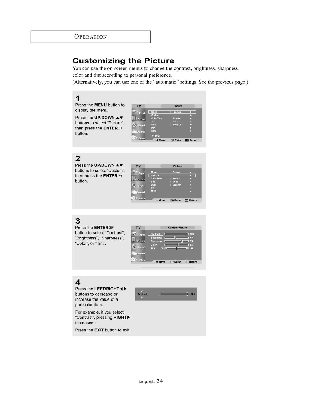 Samsung LT-P326W manual Customizing the Picture 