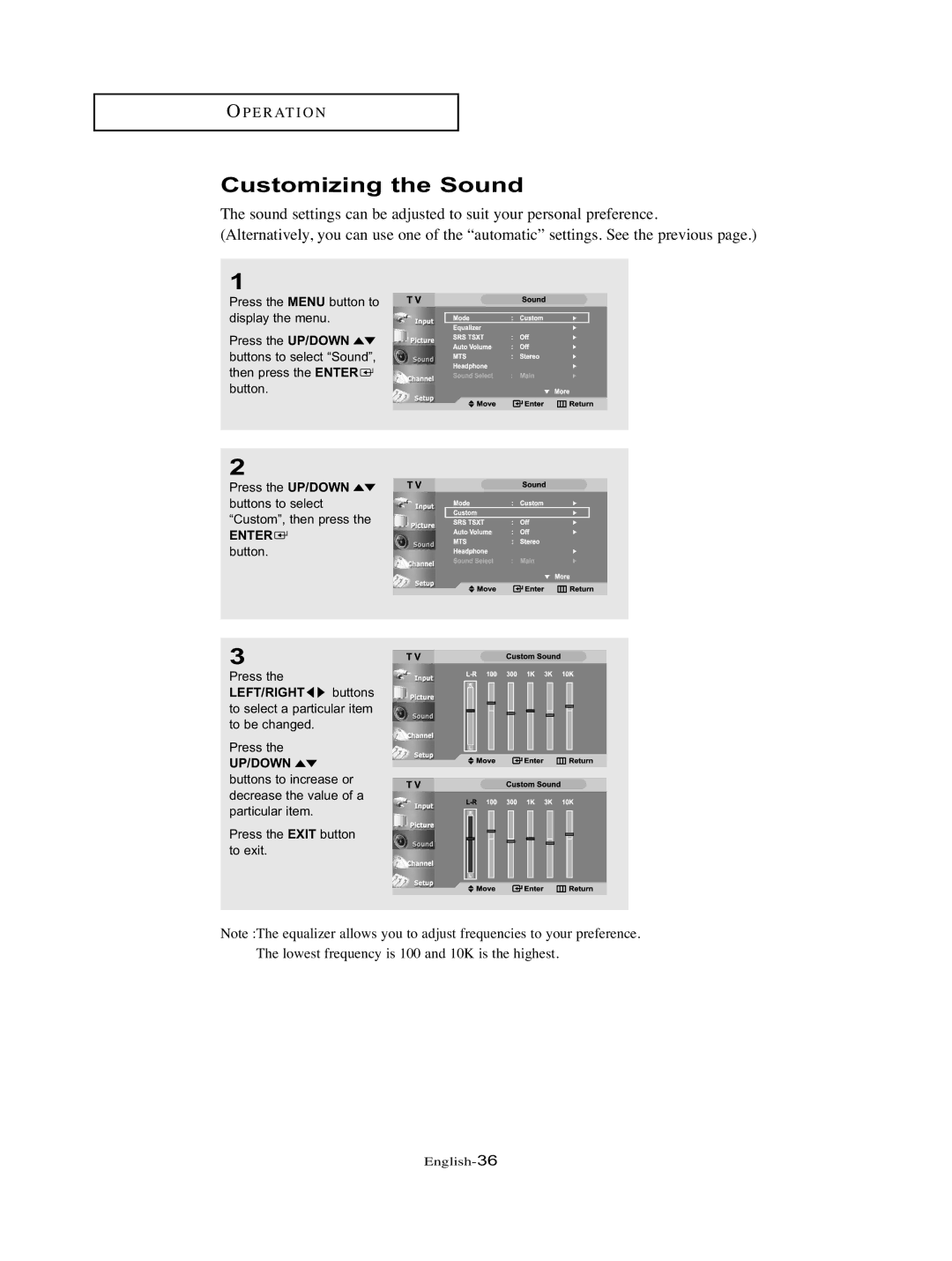 Samsung LT-P326W manual Customizing the Sound, Up/Down 