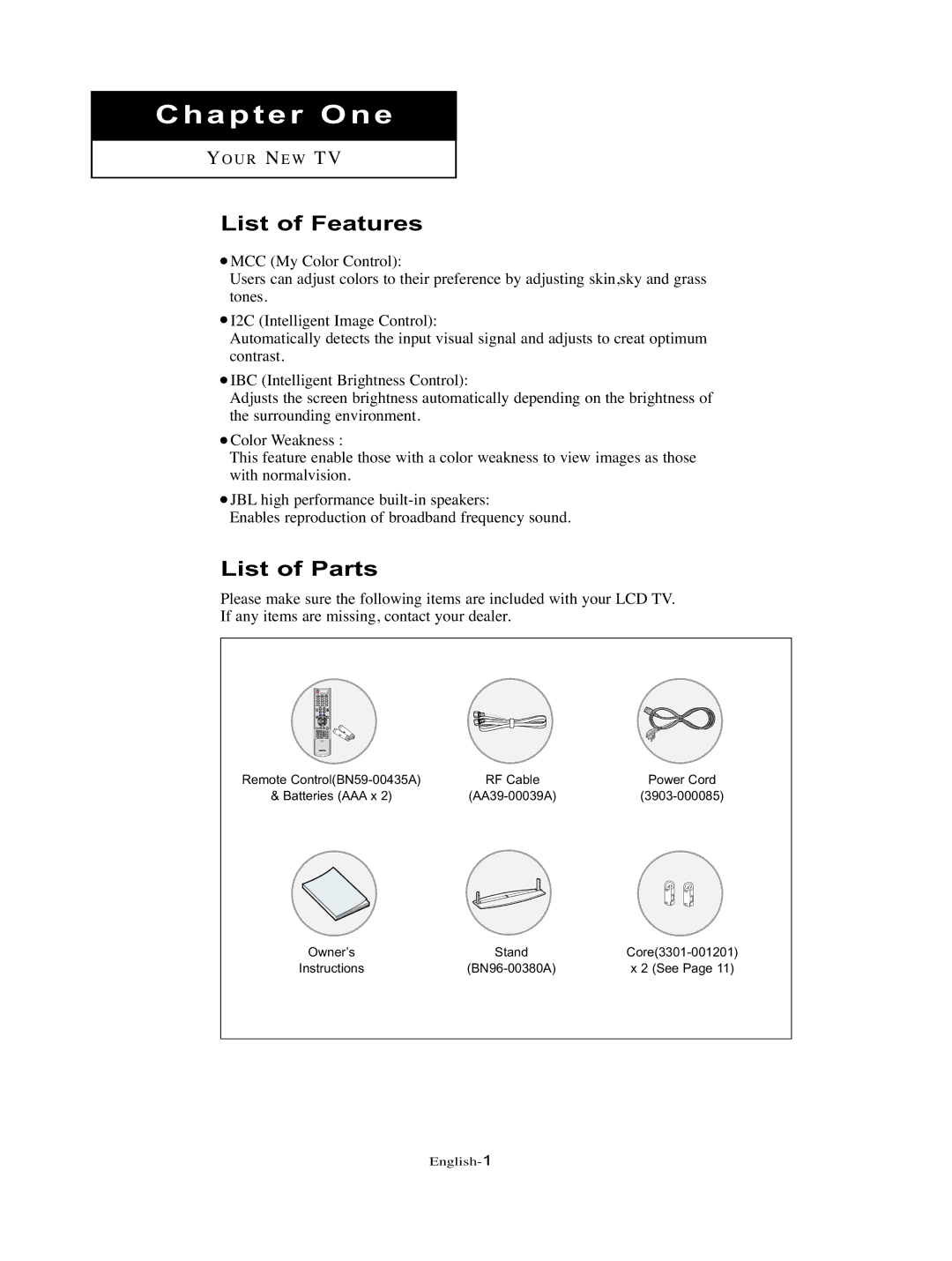 Samsung LT-P326W manual List of Features, List of Parts 