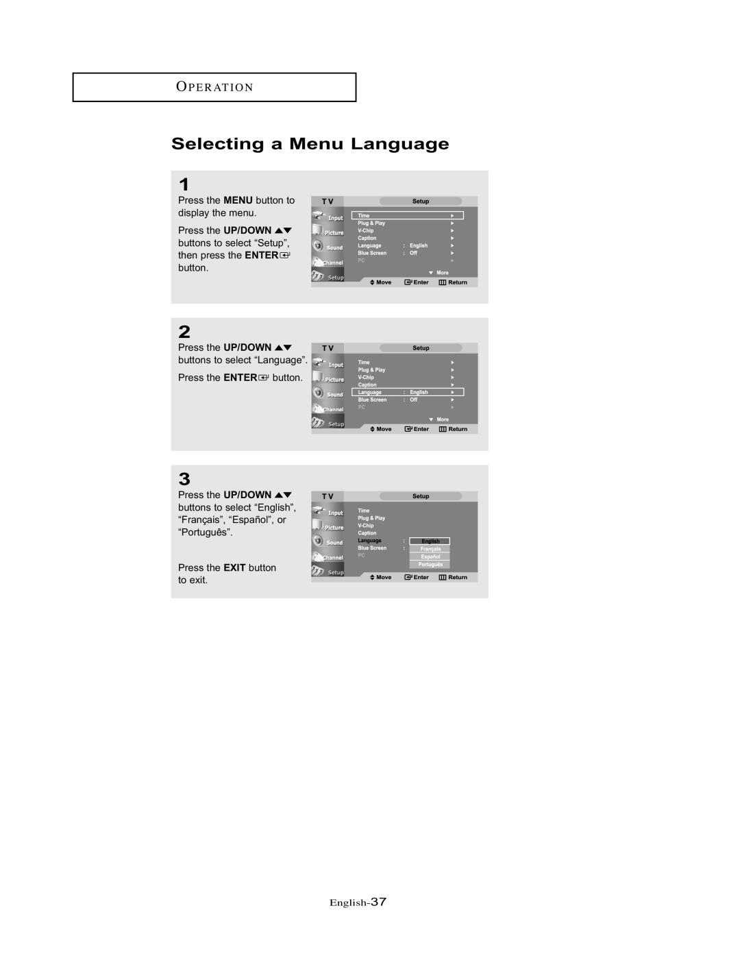 Samsung LT-P326W manual Selecting a Menu Language 