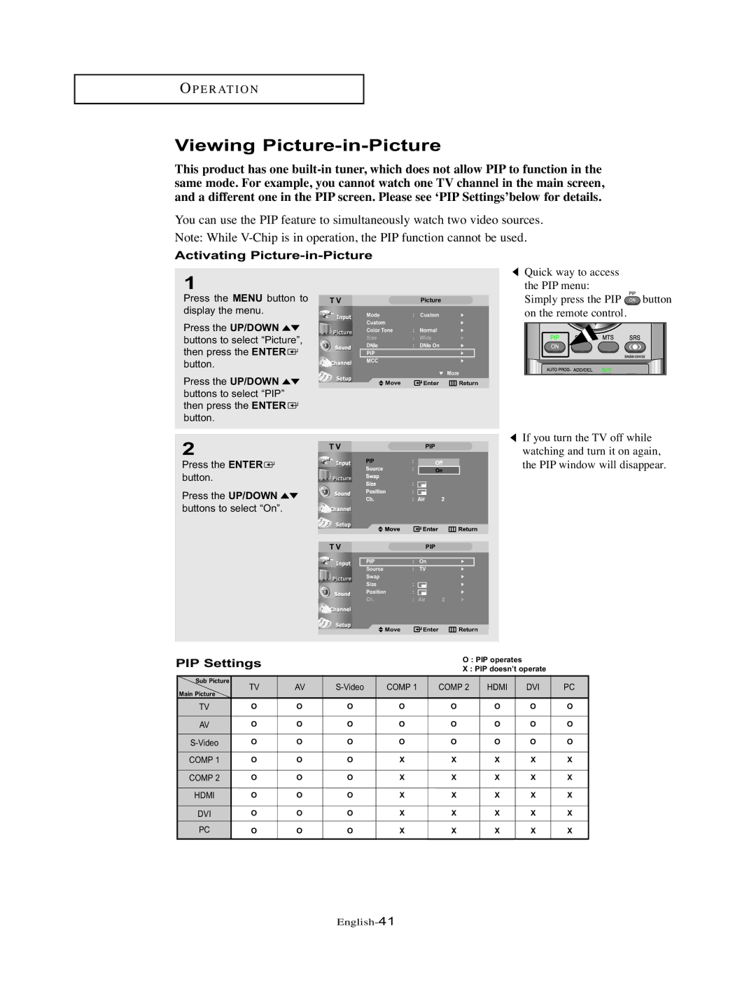 Samsung LT-P326W manual Viewing Picture-in-Picture, Activating Picture-in-Picture, PIP Settings 