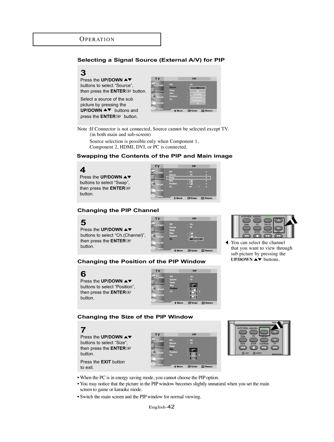 Samsung LT-P326W manual Selecting a Signal Source External A/V for PIP, Swapping the Contents of the PIP and Main image 