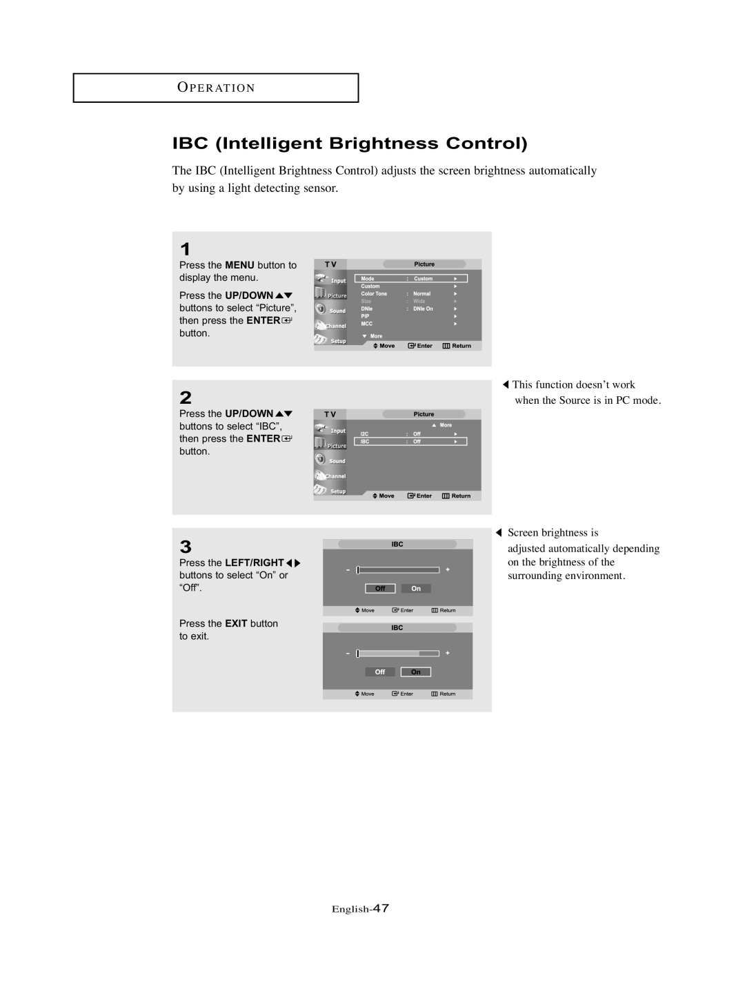 Samsung LT-P326W manual IBC Intelligent Brightness Control 