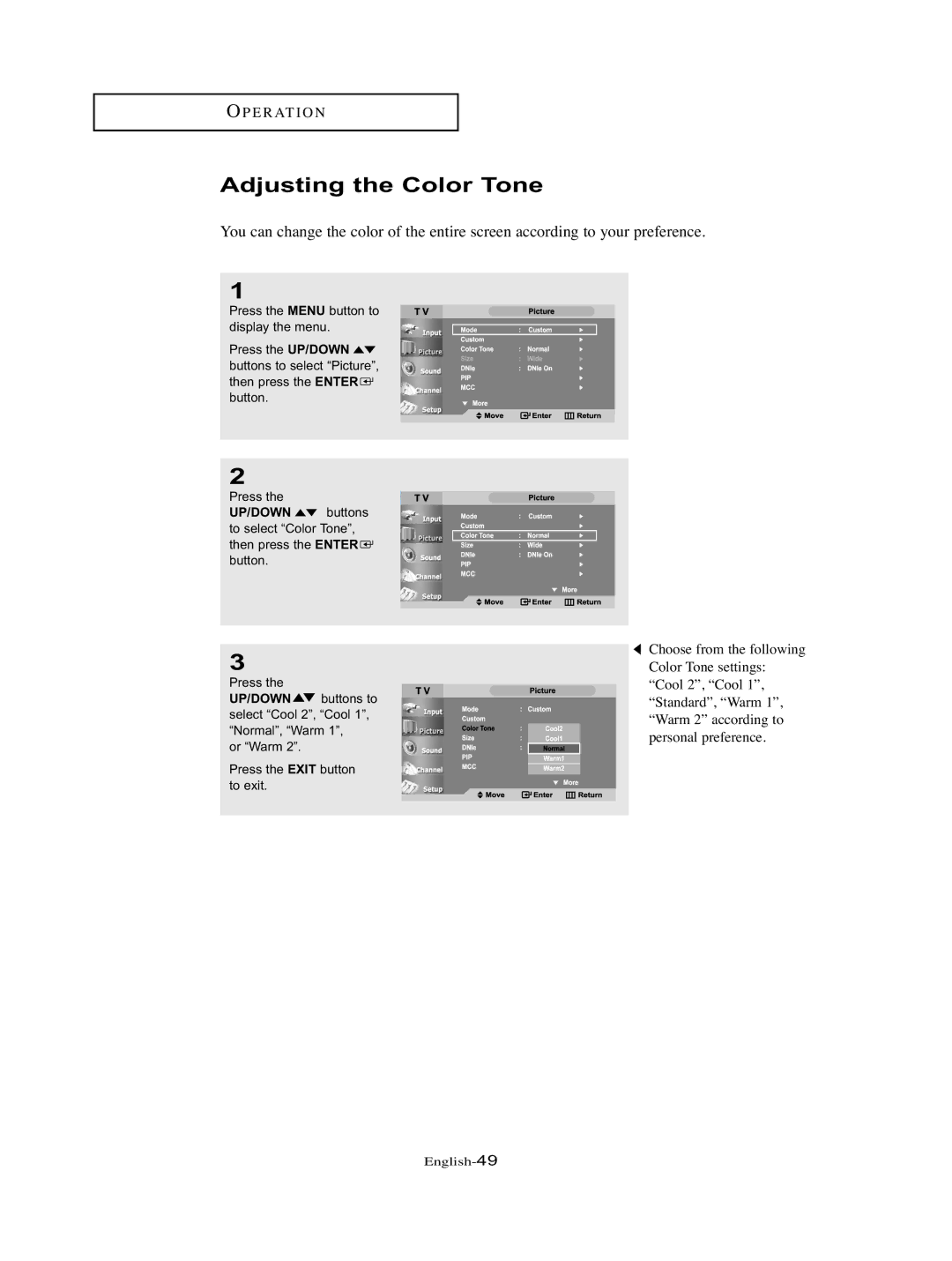 Samsung LT-P326W manual Adjusting the Color Tone 