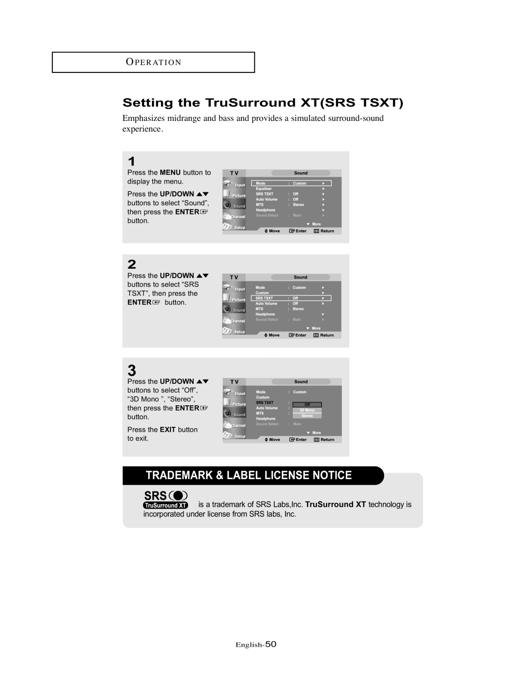 Samsung LT-P326W manual Setting the TruSurround Xtsrs Tsxt, Trademark & Label License Notice 