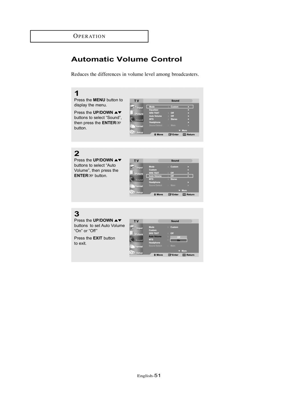 Samsung LT-P326W manual Automatic Volume Control, Reduces the differences in volume level among broadcasters 