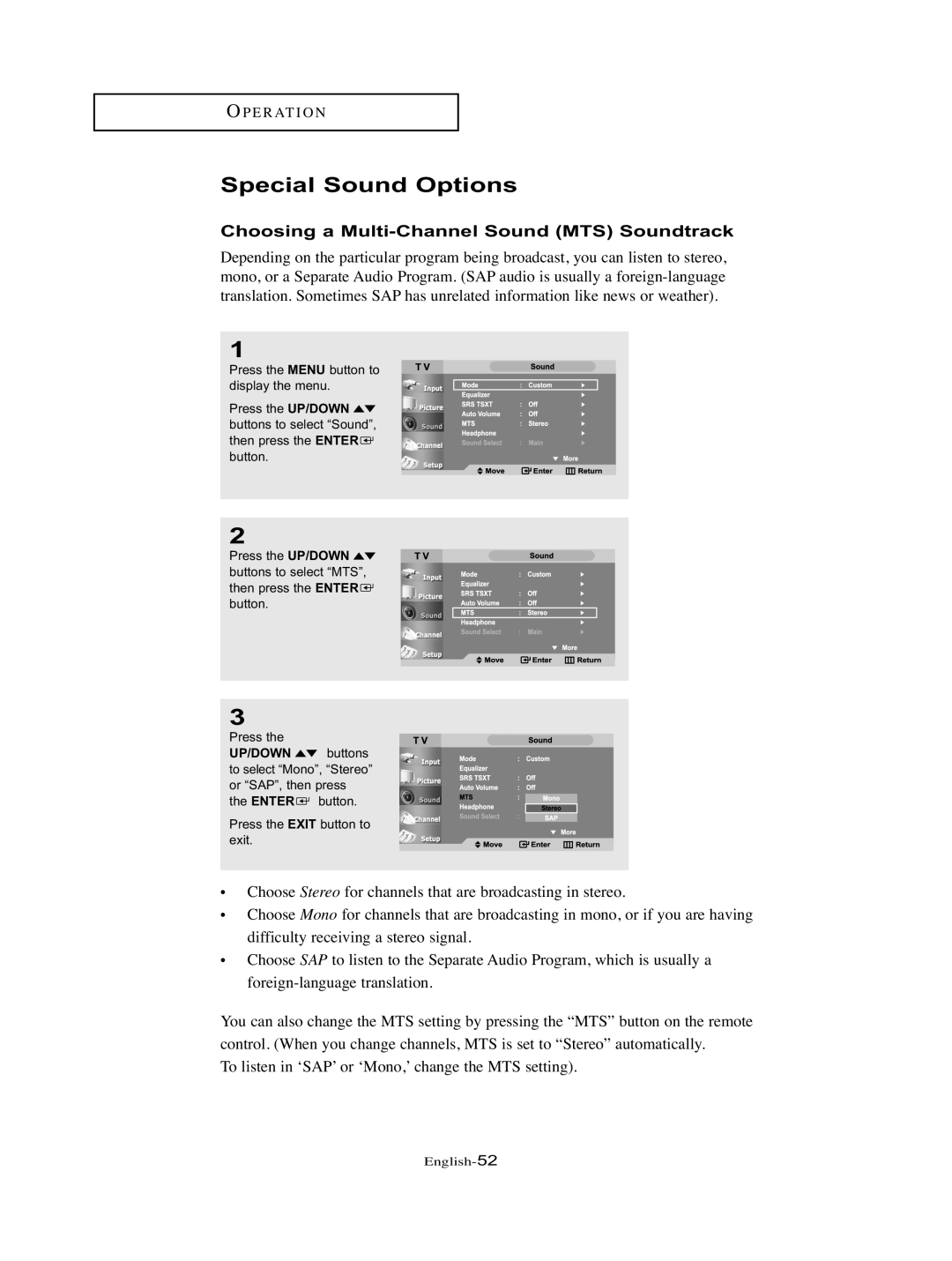 Samsung LT-P326W manual Special Sound Options, Choosing a Multi-Channel Sound MTS Soundtrack 