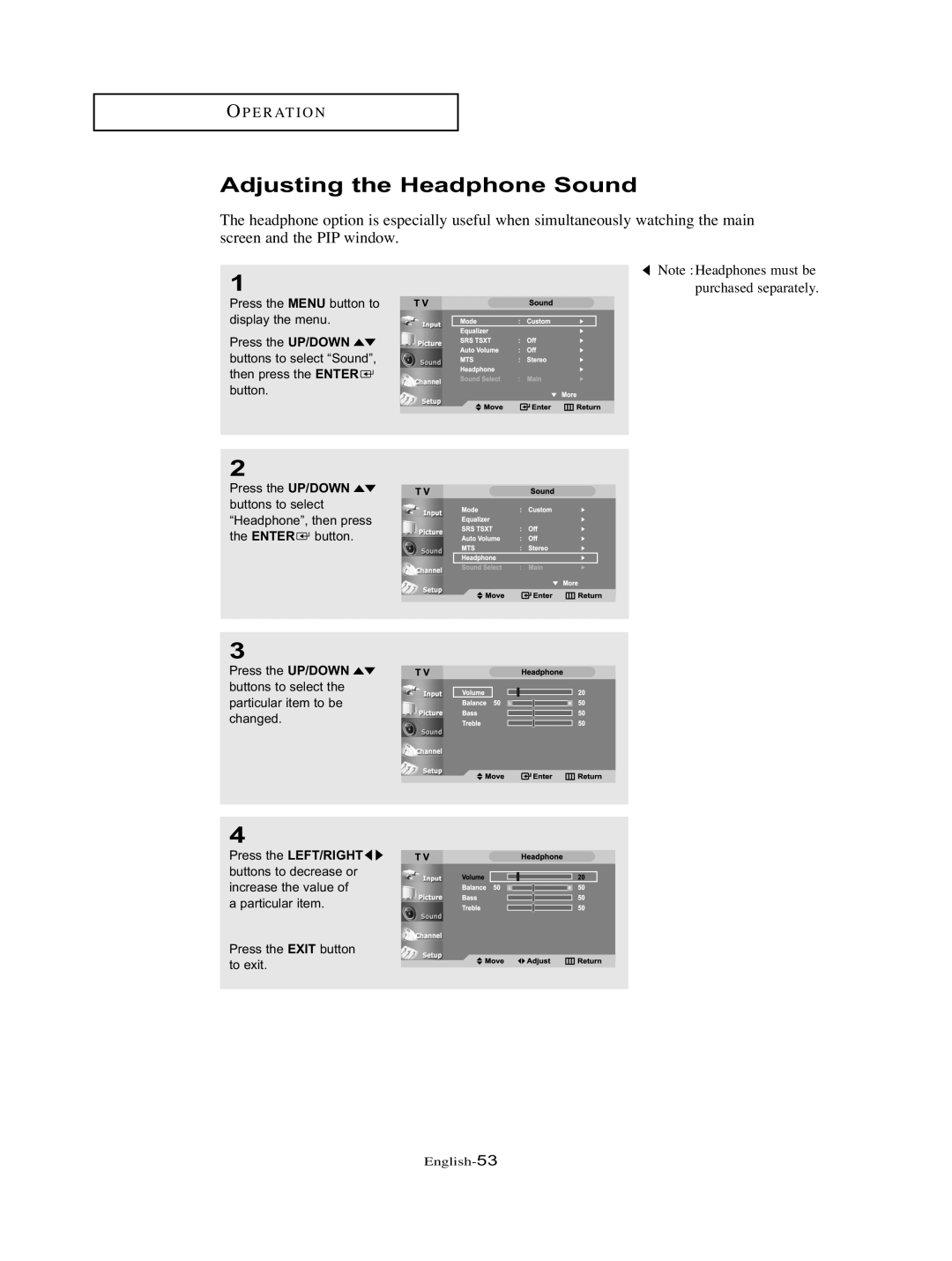 Samsung LT-P326W manual Adjusting the Headphone Sound 