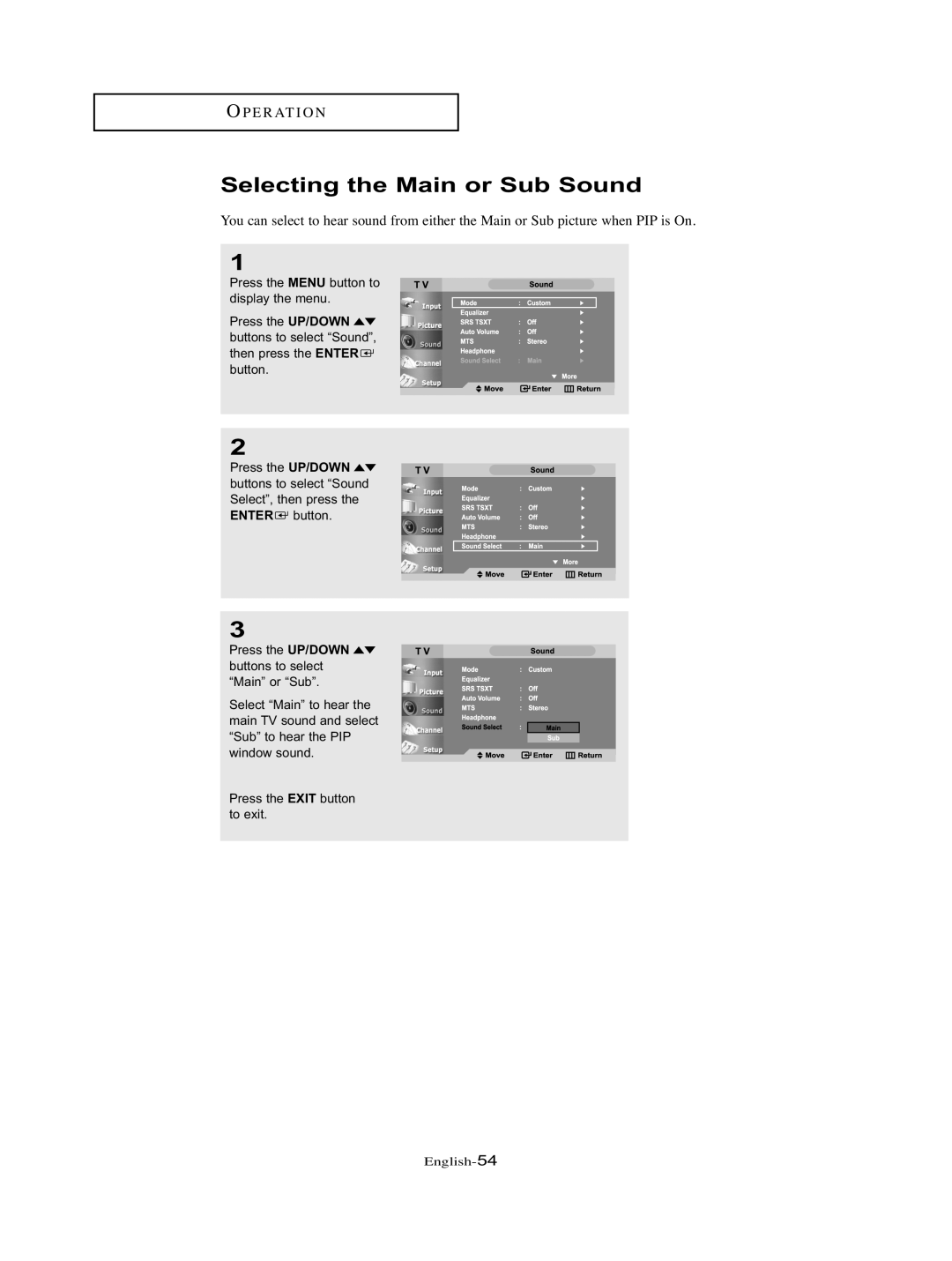 Samsung LT-P326W manual Selecting the Main or Sub Sound 