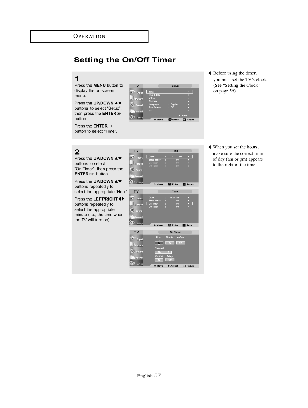 Samsung LT-P326W manual Setting the On/Off Timer 